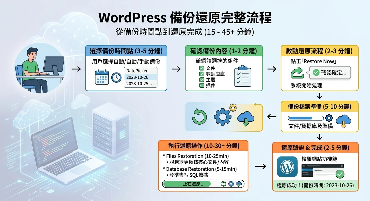 WordPress 備份還原步驟流程圖，從選擇備份時間點到還原完成的完整流程，每個步驟標示時間估計，箭頭連接各步驟