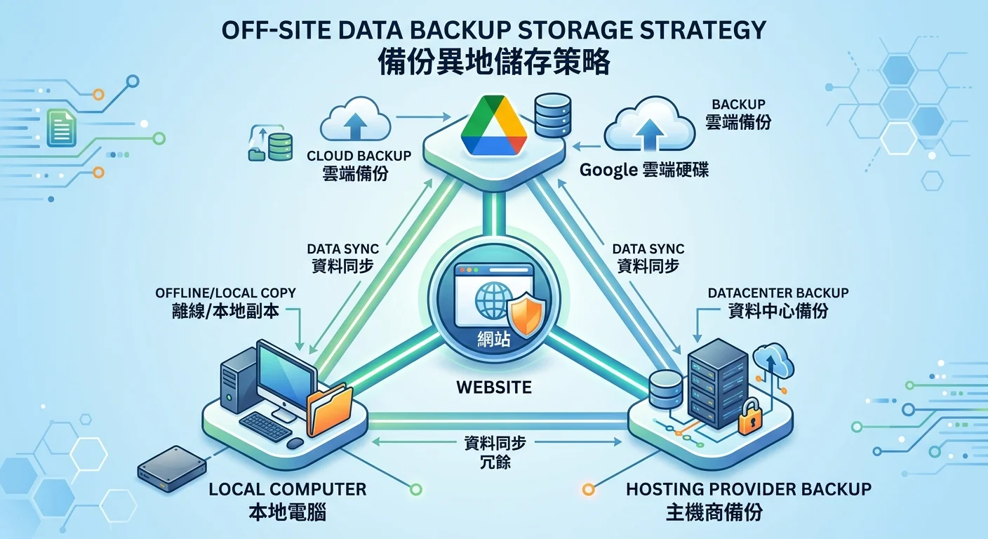 備份異地儲存策略圖，中央為網站圖示，向外延伸三條線分別連接 Google Drive、本地電腦、主機商備份，形成三角防護結構