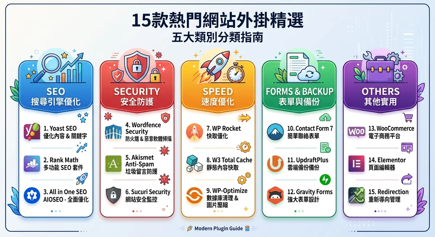 15 款外掛按五大類別分類的資訊圖：SEO、安全、速度、表單備份、其他