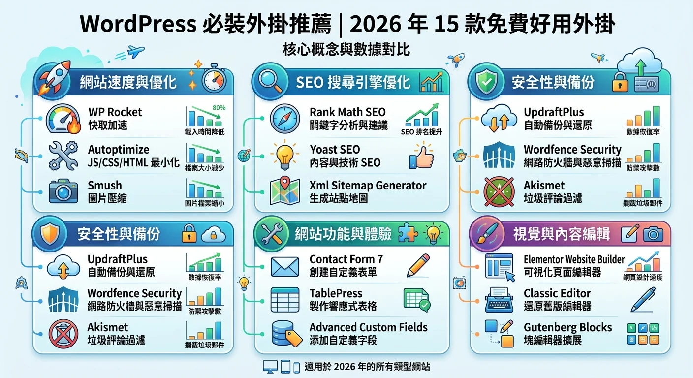 WordPress 必裝外掛推薦｜2026 年 15 款免費好用外掛相關的視覺化資訊圖，展示核心概念與數據對比