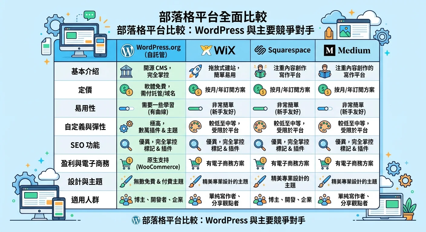 WordPress vs 其他部落格平台比較表