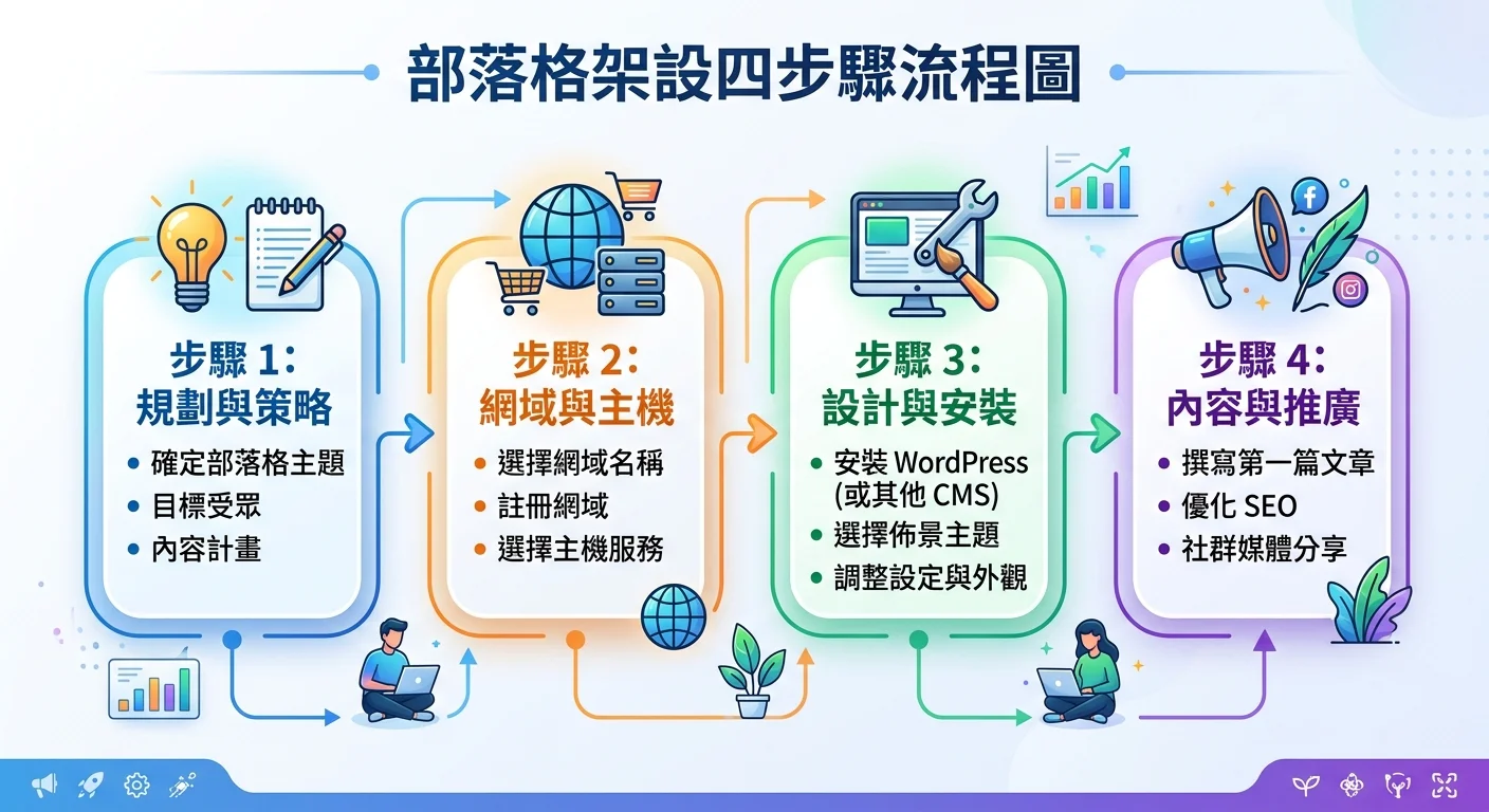 部落格架設四步驟的流程圖