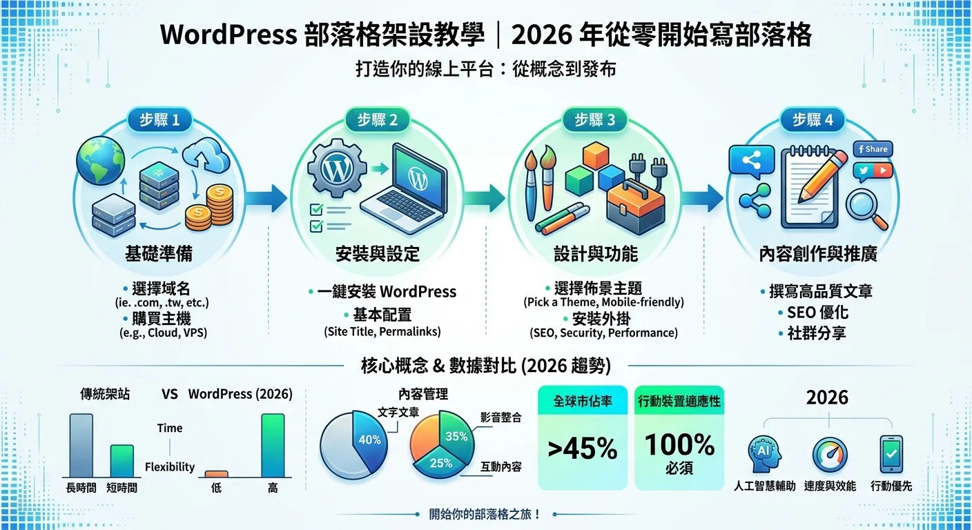 WordPress 部落格架設教學｜2026 年從零開始寫部落格相關的視覺化資訊圖，展示核心概念與數據對比
