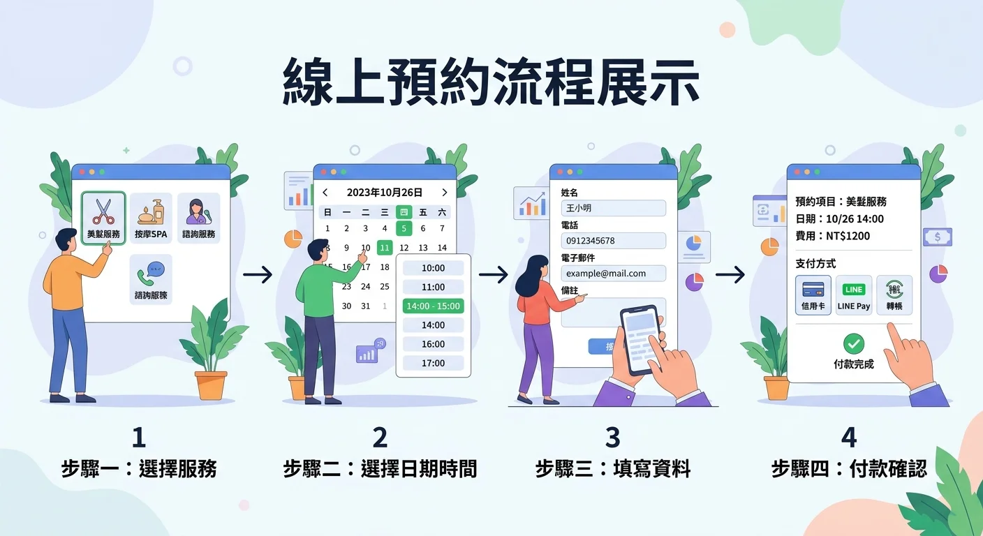 線上預約系統功能展示圖，展示預約流程：選擇服務→選擇日期時間→填寫資料→付款確認，每步驟有簡化介面示意