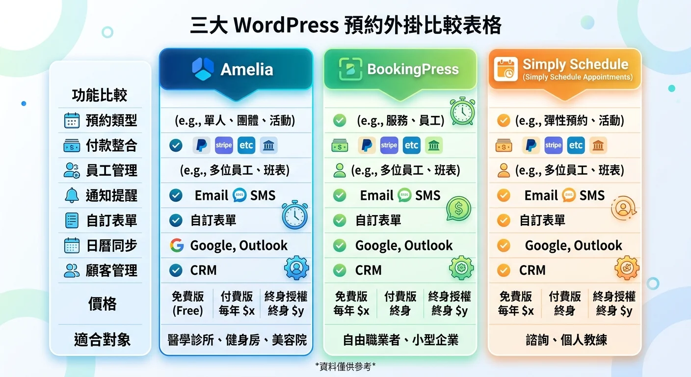 三大預約外掛比較表格圖，三欄分別為 Amelia、BookingPress、Simply Schedule，比較功能、價格、適合對象