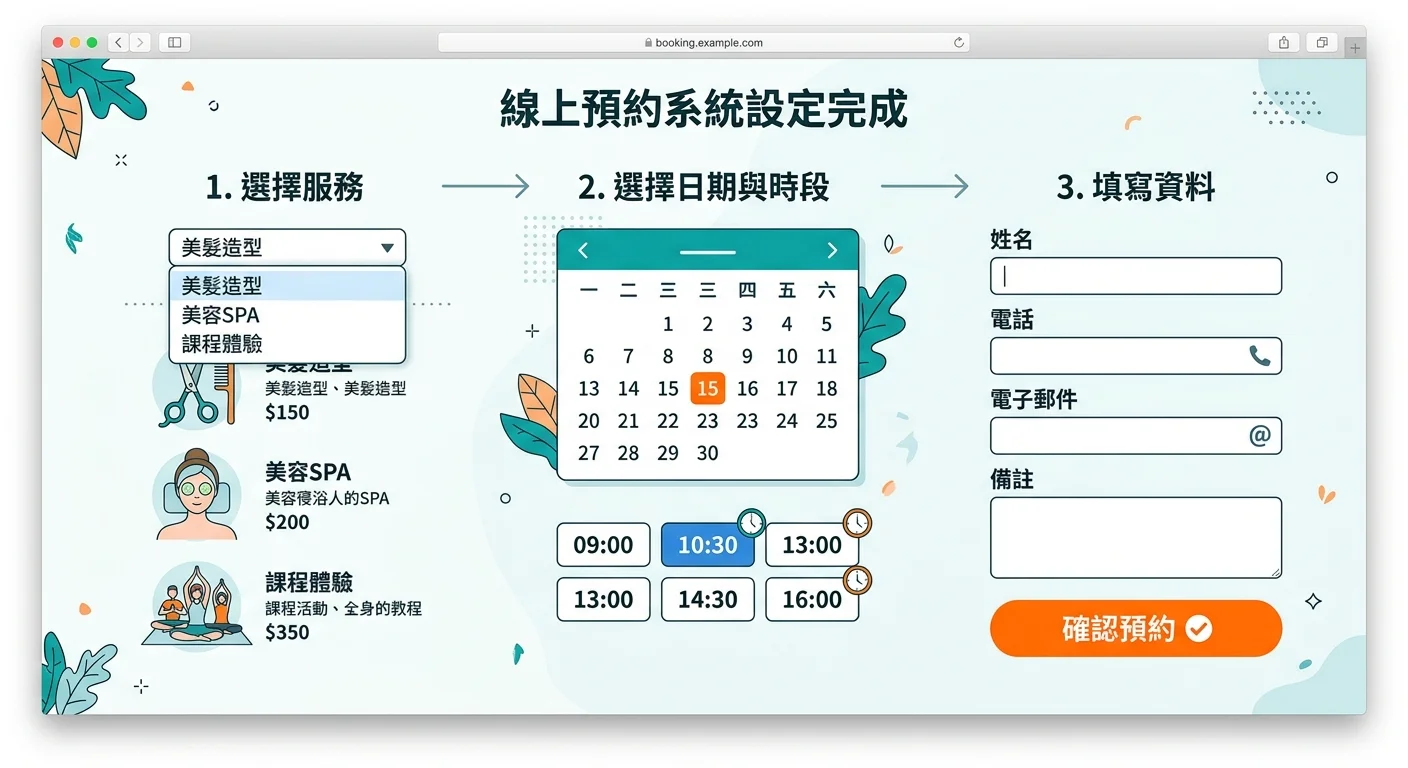 預約系統設定完成效果示意圖，展示一個簡潔的預約頁面，包含服務選擇、日曆時段選擇、客戶資料填寫三個區塊