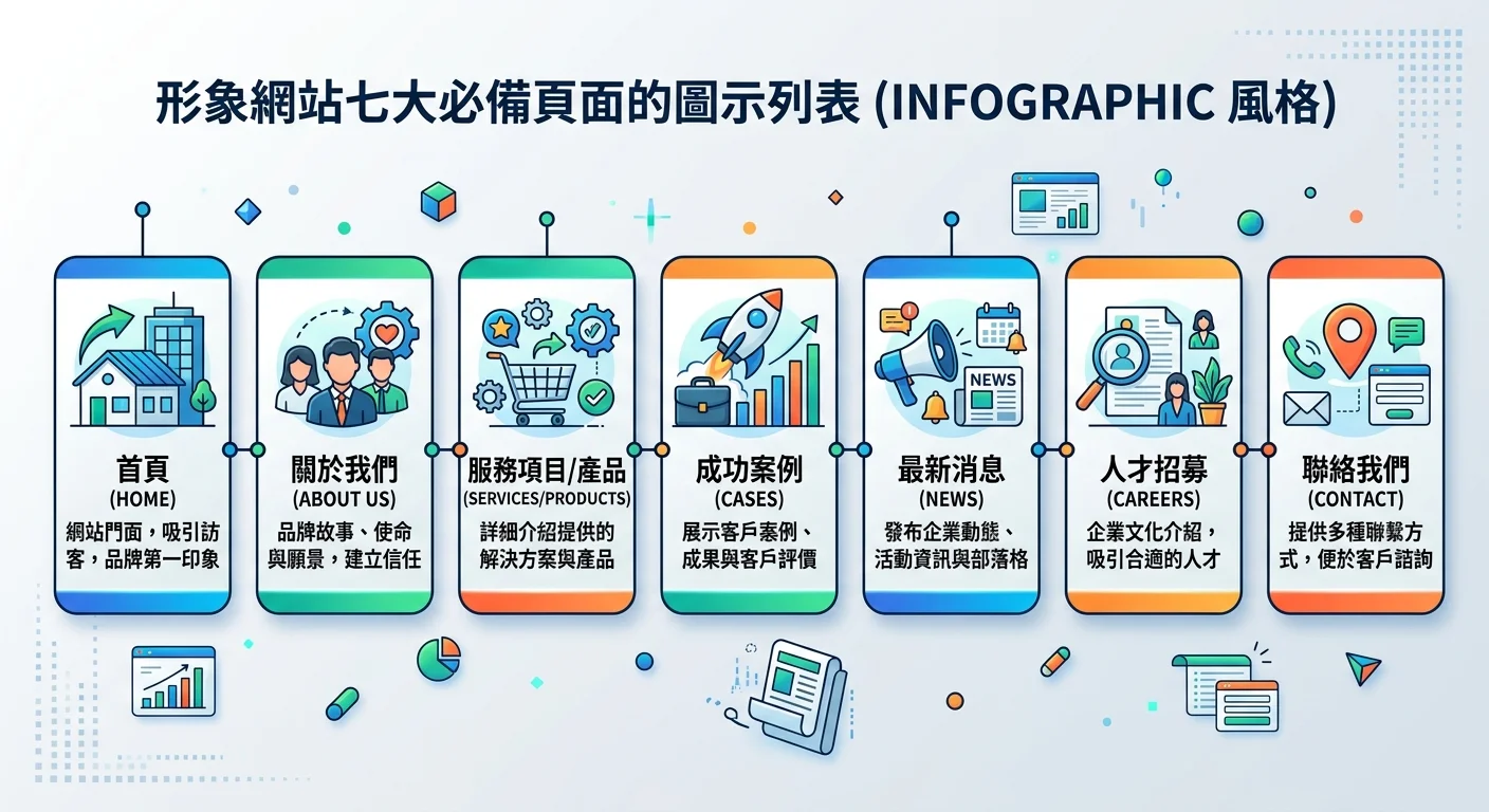 形象網站七大必備頁面的圖示列表