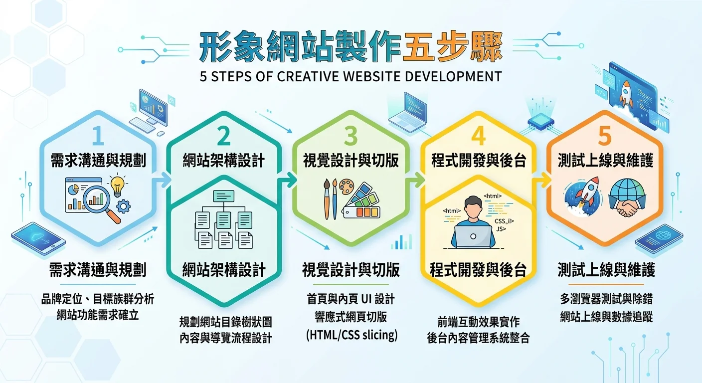 形象網站製作五步驟的流程圖