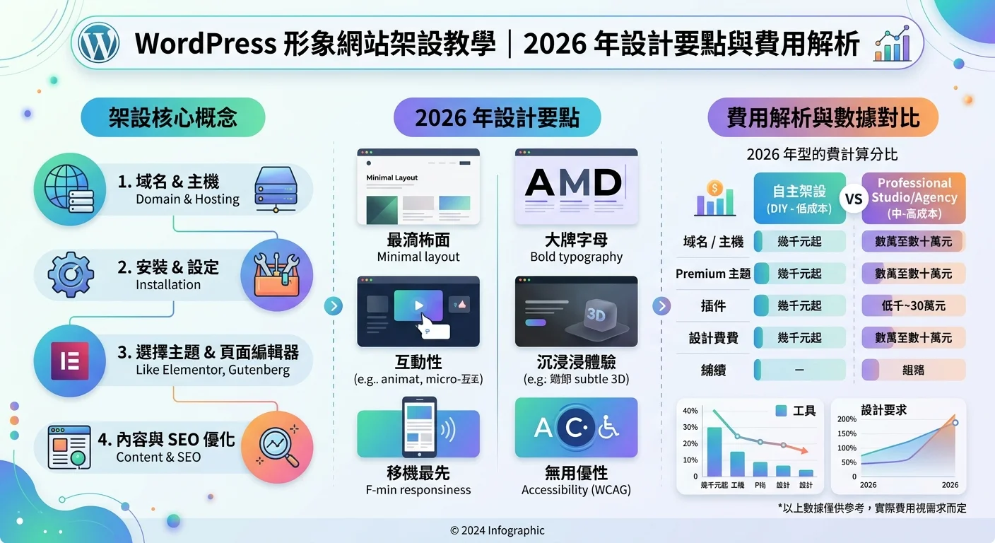 WordPress 形象網站架設教學｜2026 年設計要點與費用解析相關的視覺化資訊圖，展示核心概念與數據對比