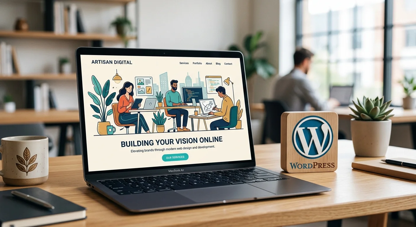 一台筆電螢幕上顯示精緻的形象網站首頁，旁邊是 WordPress Logo，整體風格簡潔現代