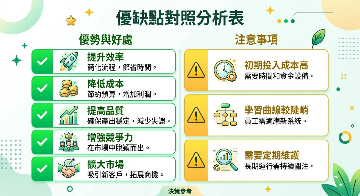 優缺點對照表格圖，左邊五個綠色勾的優勢，右邊三個黃色注意的要點