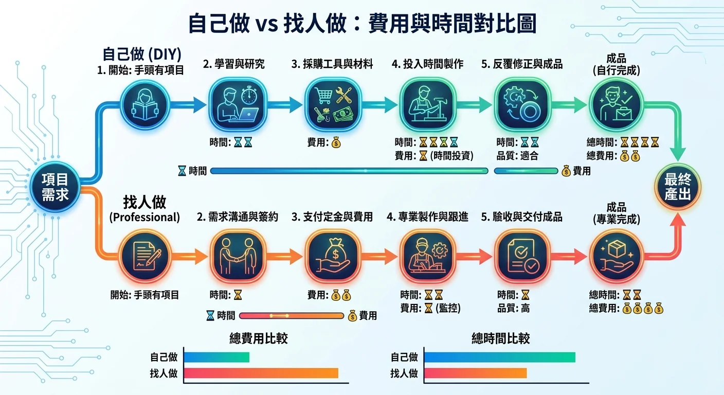 自己做 vs 找人做的費用與時間對比圖，兩條路線展示不同的投入和產出
