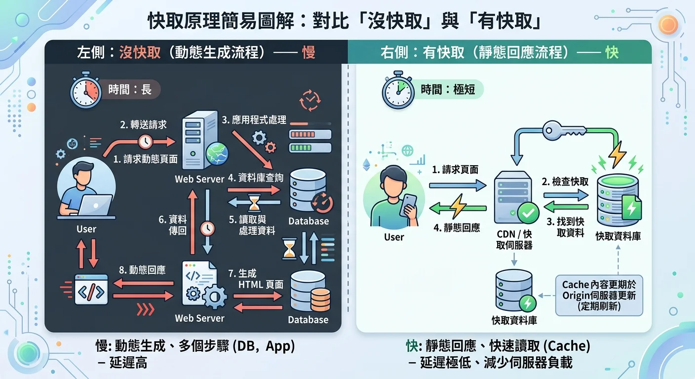 快取原理簡易圖解，左側為「沒快取」的動態生成流程（慢），右側為「有快取」的靜態回應流程（快），清楚對比
