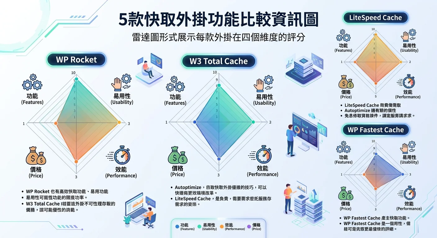 5 款快取外掛功能比較資訊圖，以雷達圖形式展示每款外掛在功能、易用性、效能、價格四個維度的評分