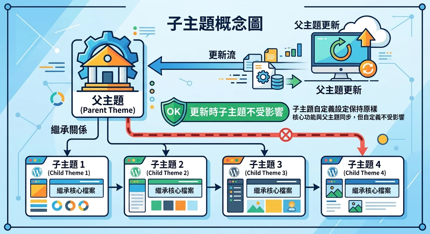 子主題概念圖，父主題和子主題的繼承關係，更新時子主題不受影響