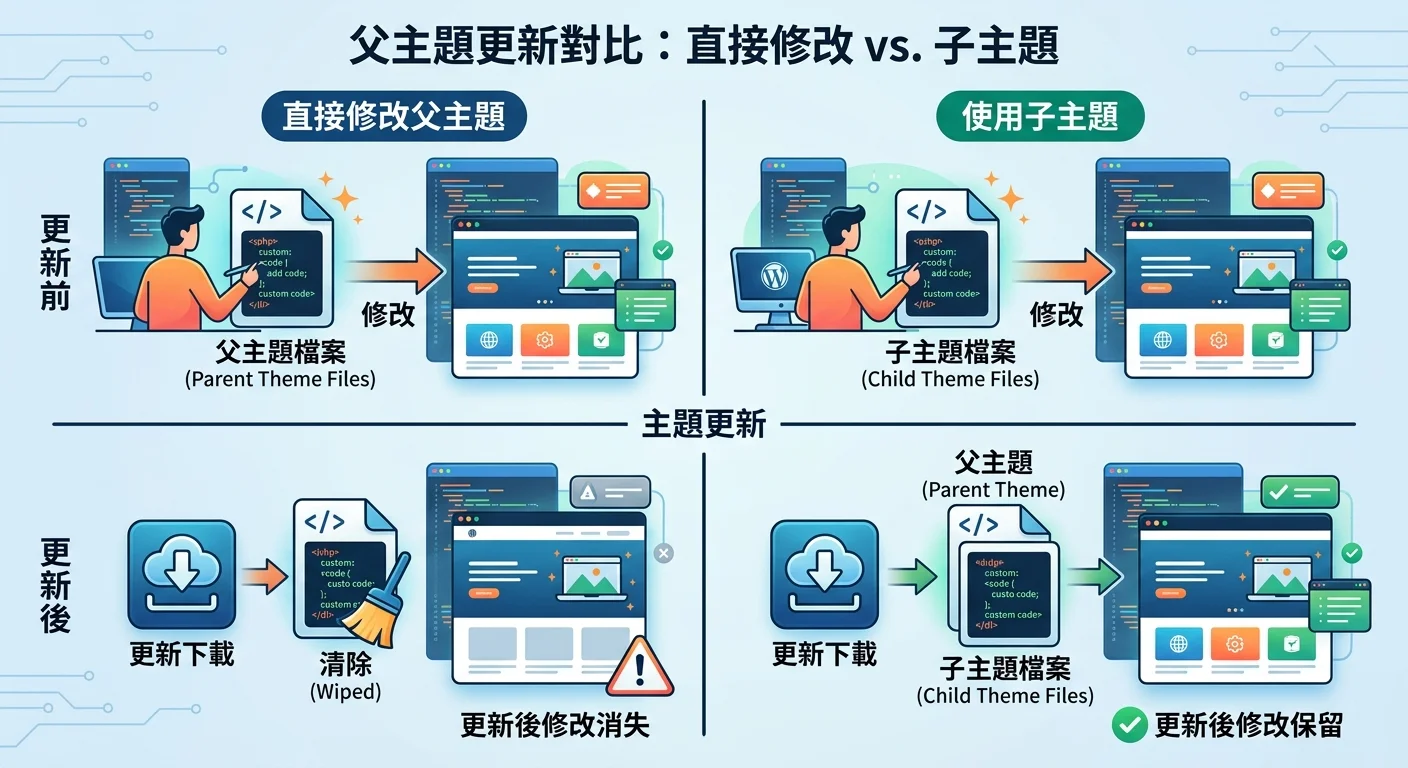 父主題更新前後的對比圖，左側為直接修改父主題（更新後修改消失），右側為使用子主題（更新後修改保留）
