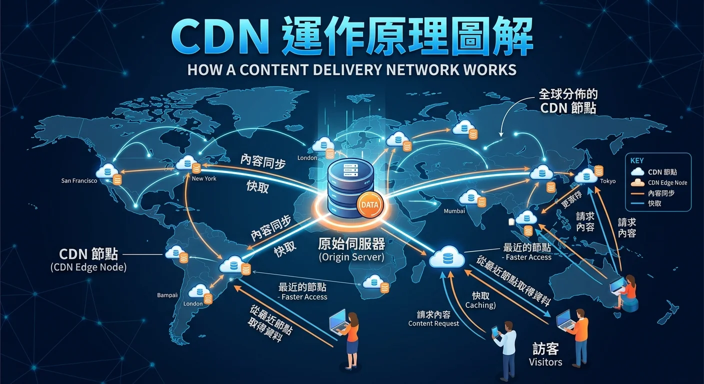 CDN 運作原理圖解，中央為原始伺服器，四周分布全球各地的 CDN 節點，訪客從最近的節點取得資料