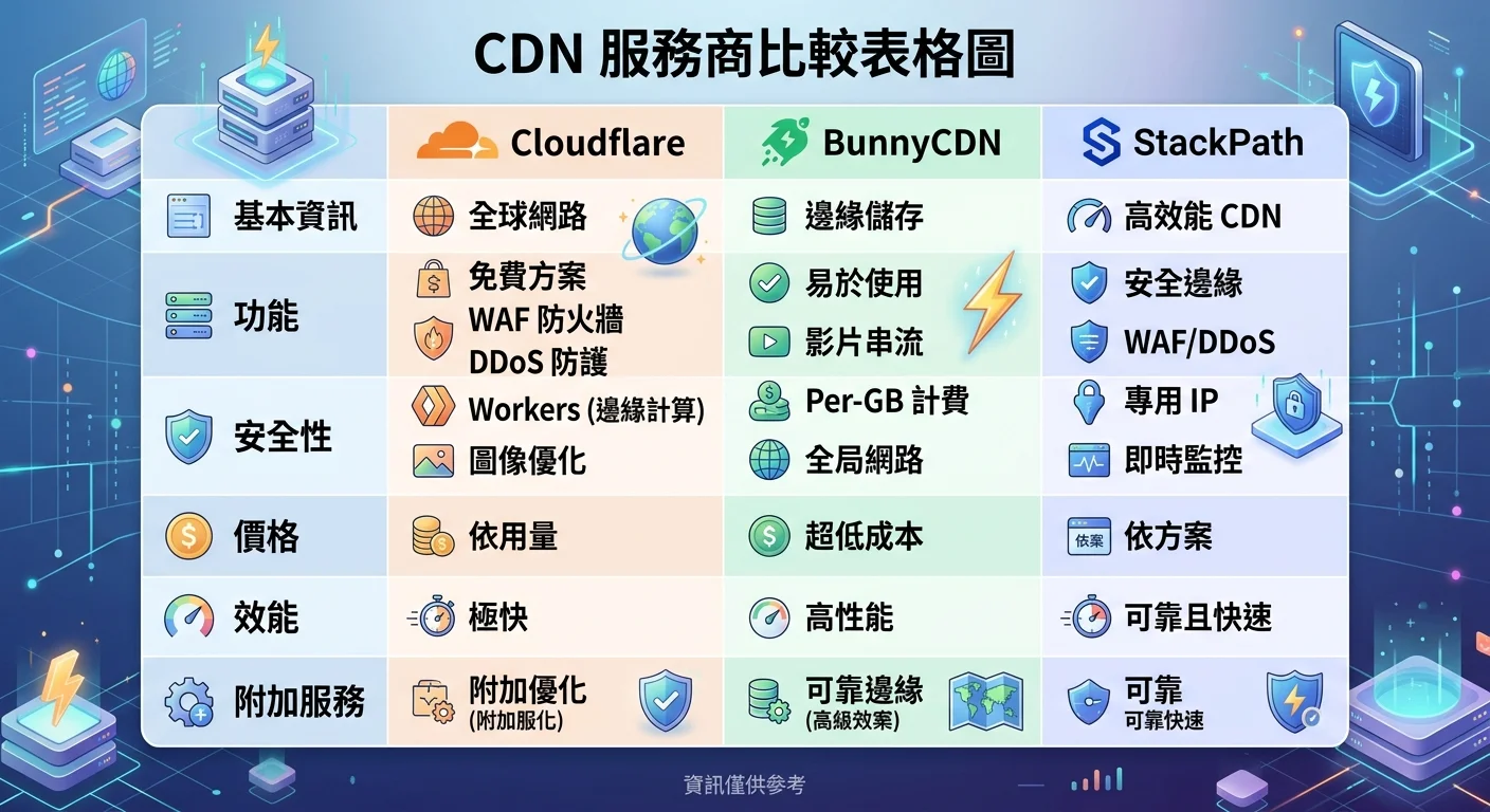CDN 服務商比較表格圖，列出 Cloudflare、BunnyCDN、StackPath 的功能和價格對比
