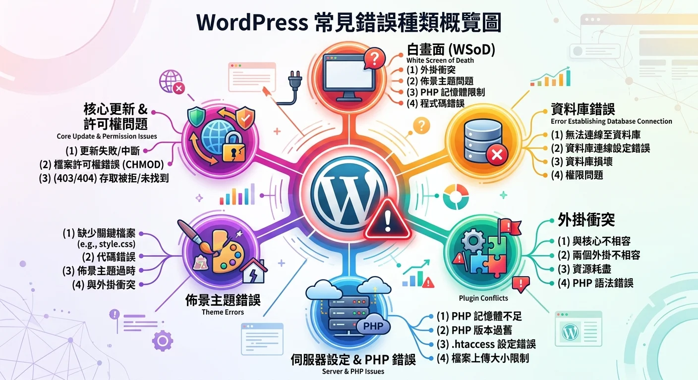 WordPress 常見錯誤種類概覽圖，以放射狀設計列出白畫面、資料庫錯誤、外掛衝突等常見問題，中央為 WordPress logo 加上紅色警告符號