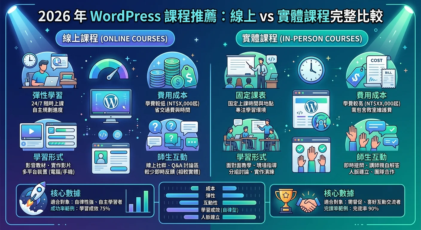 WordPress 課程推薦｜2026 年線上課程、實體課程完整比較相關的視覺化資訊圖，展示核心概念與數據對比