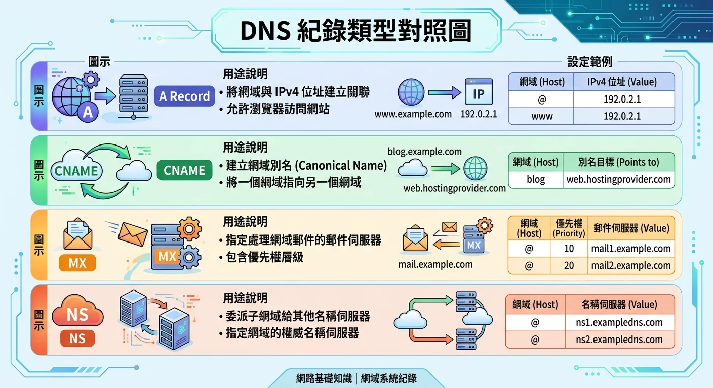 DNS 紀錄類型對照圖，四行分別為 A Record、CNAME、MX、NS，每行有圖示、用途說明和設定範例