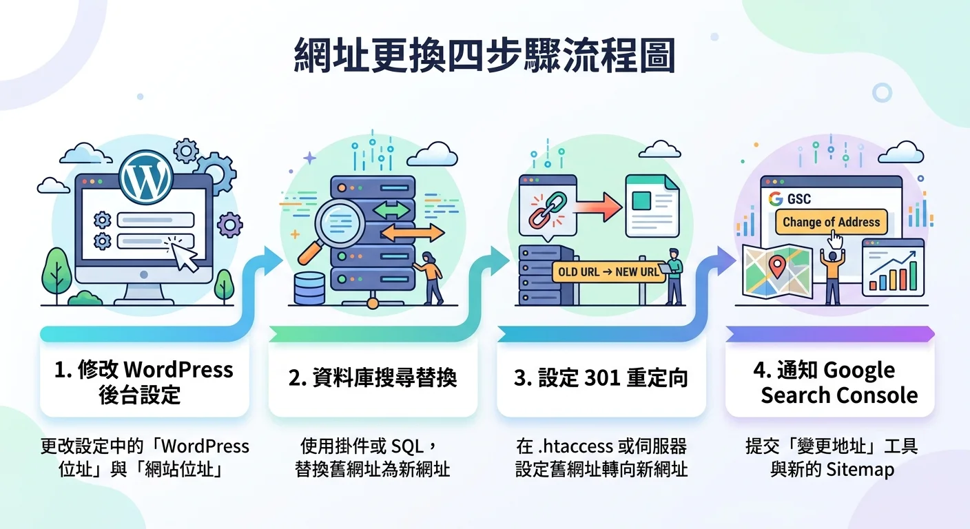 網址更換四步驟流程圖，由左到右：修改 WordPress 後台設定 → 資料庫搜尋替換 → 設定 301 重定向 → 通知 Google Search Console