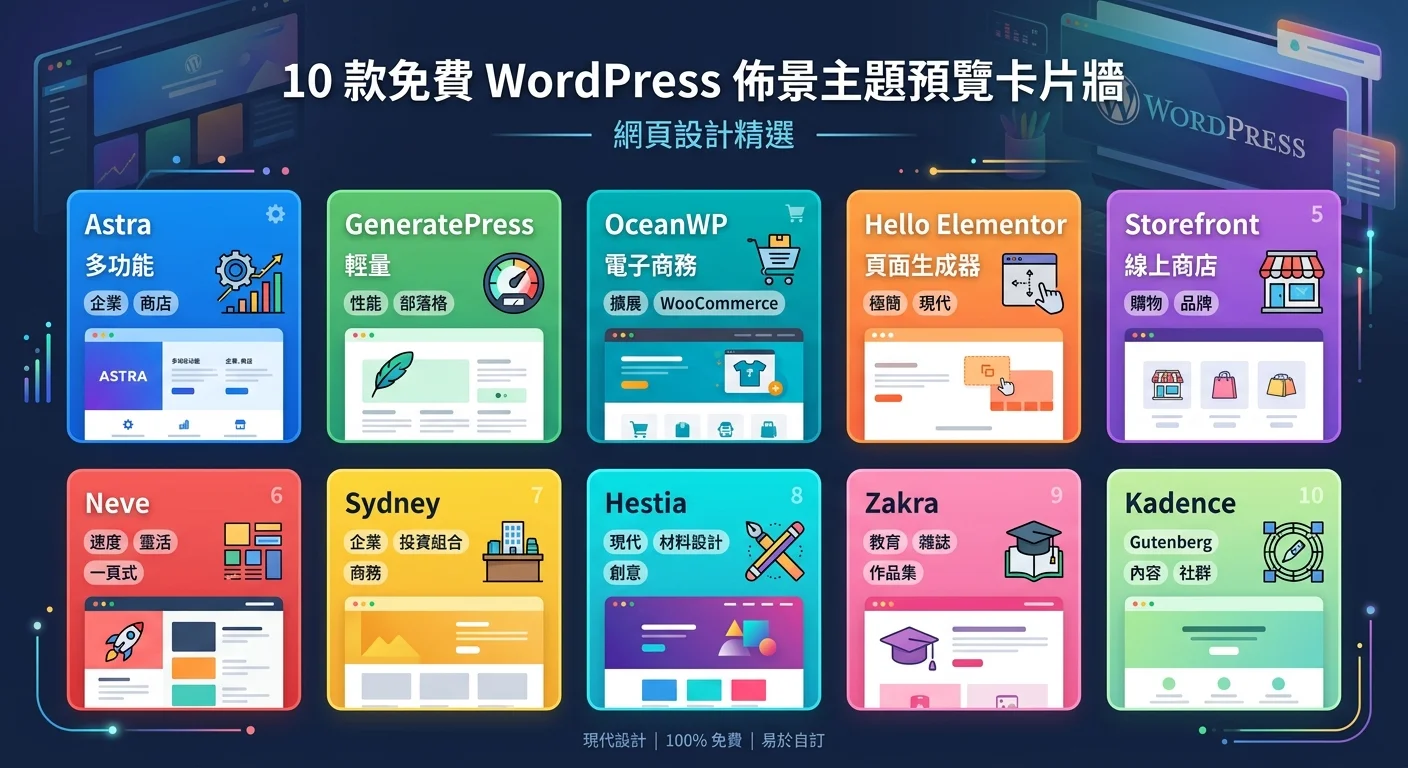 10 款免費 WordPress 佈景主題的預覽卡片牆，每張卡片顯示主題名稱和適用類型