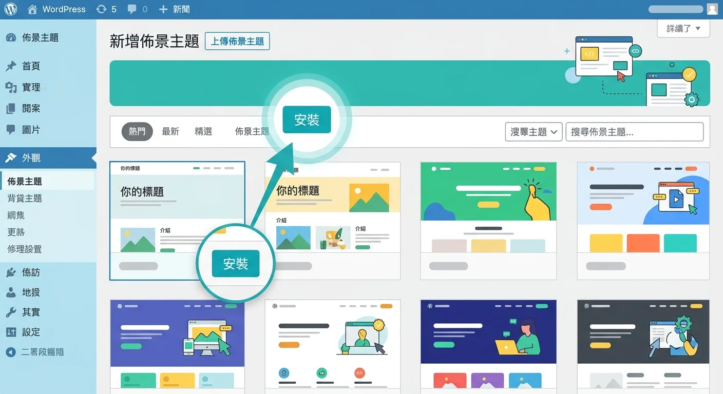 WordPress 佈景主題安裝步驟截圖，標示後台中安裝按鈕的位置