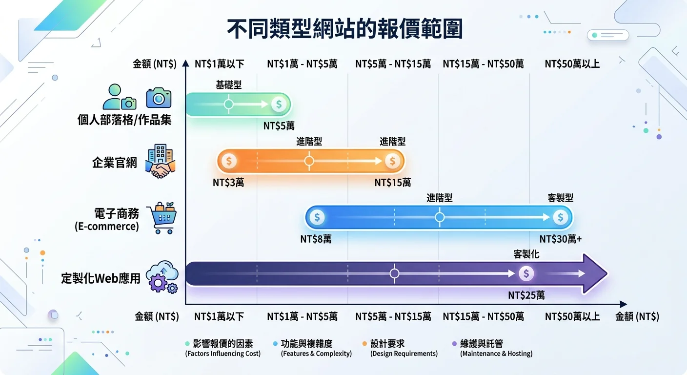 各類型網站報價範圍的長條圖，橫軸是金額，縱軸是網站類型