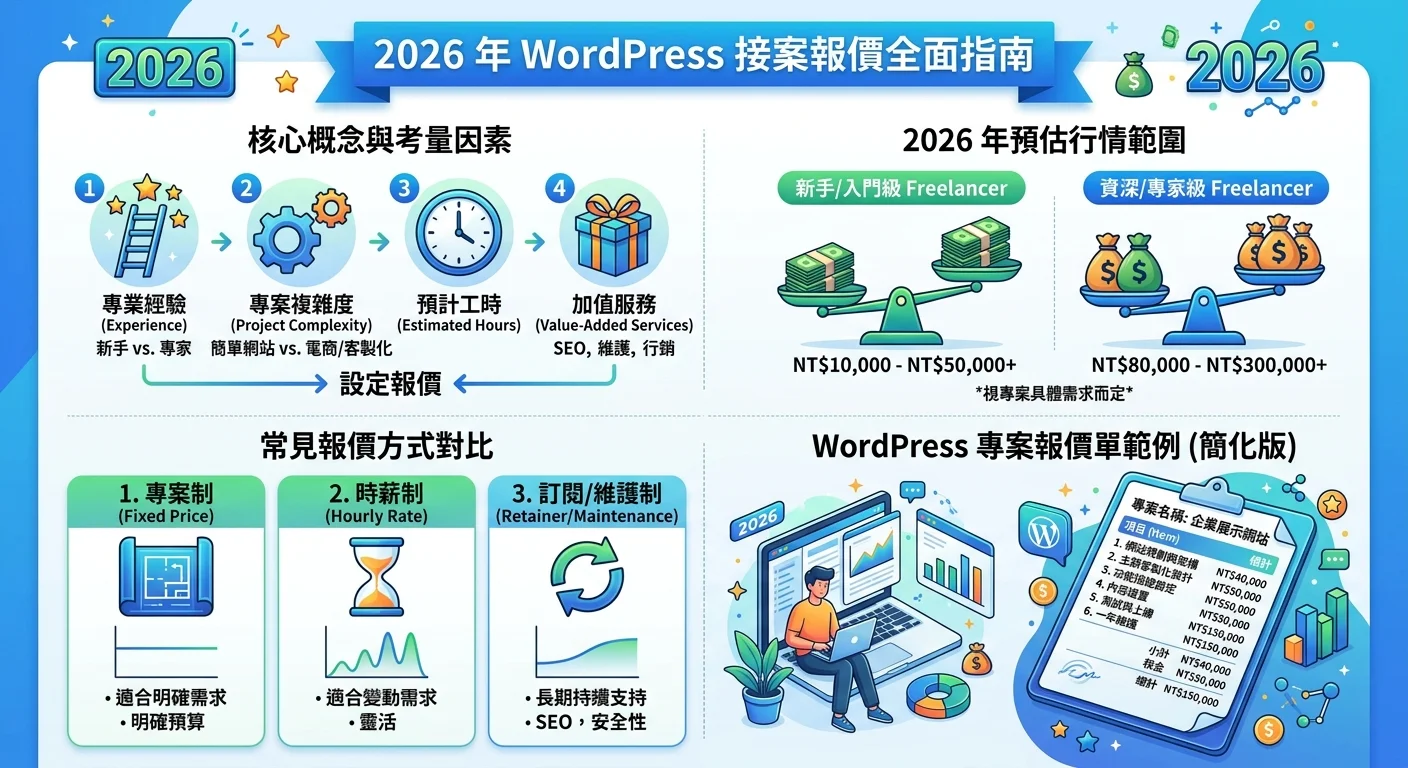 WordPress 接案報價怎麼算？2026 年行情與報價單範例相關的視覺化資訊圖，展示核心概念與數據對比