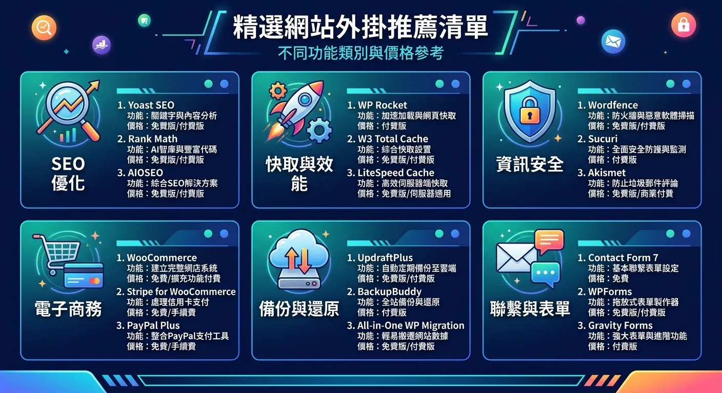 各功能類別的外掛推薦清單圖，每類列出推薦外掛和價格