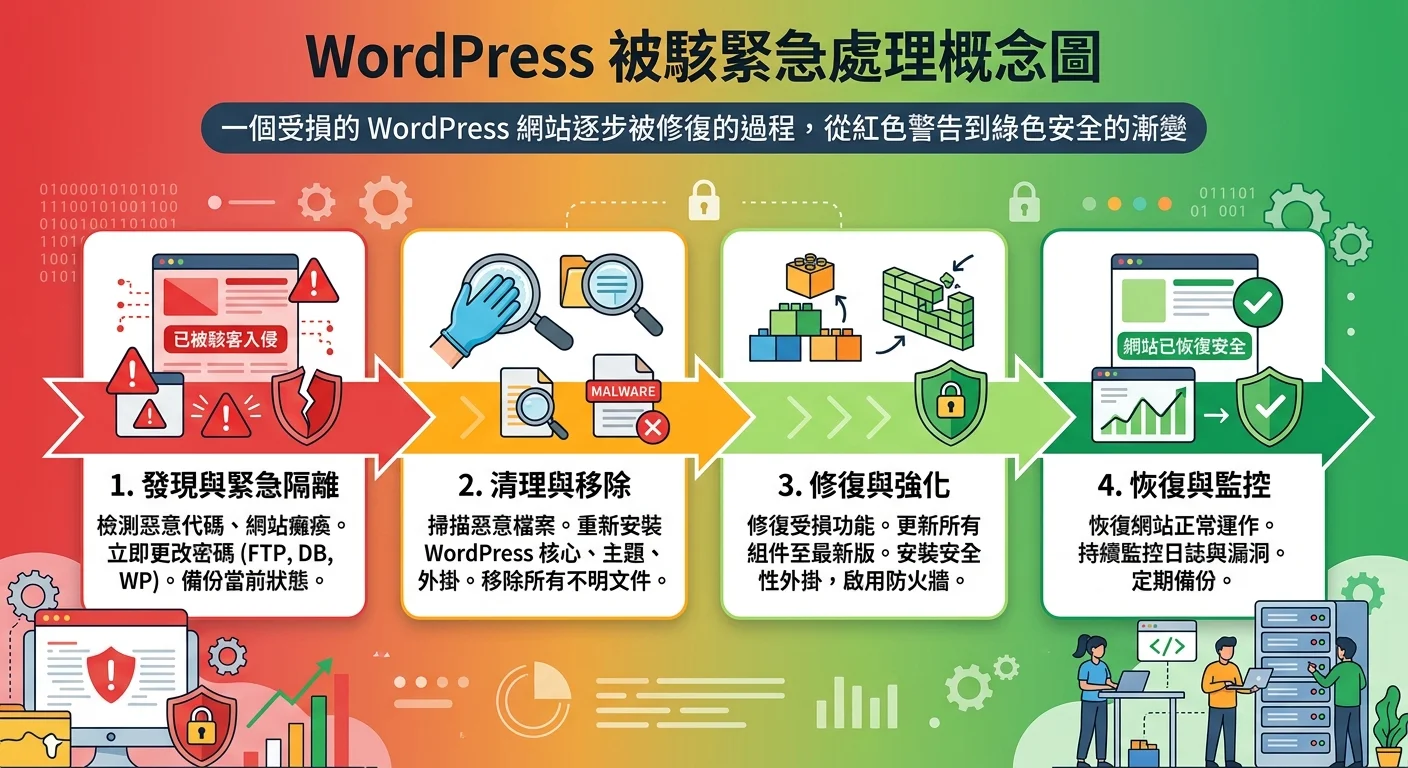 WordPress 被駭緊急處理概念圖，一個受損的 WordPress 網站逐步被修復的過程，從紅色警告到綠色安全的漸變
