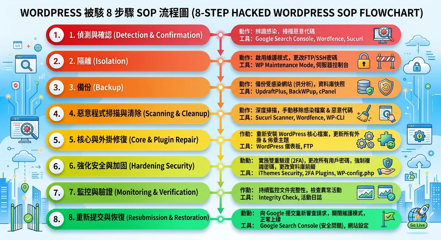 WordPress 被駭 8 步驟 SOP 流程圖，8 個步驟從上到下排列，每步驟標示核心動作和工具，紅色到綠色漸變