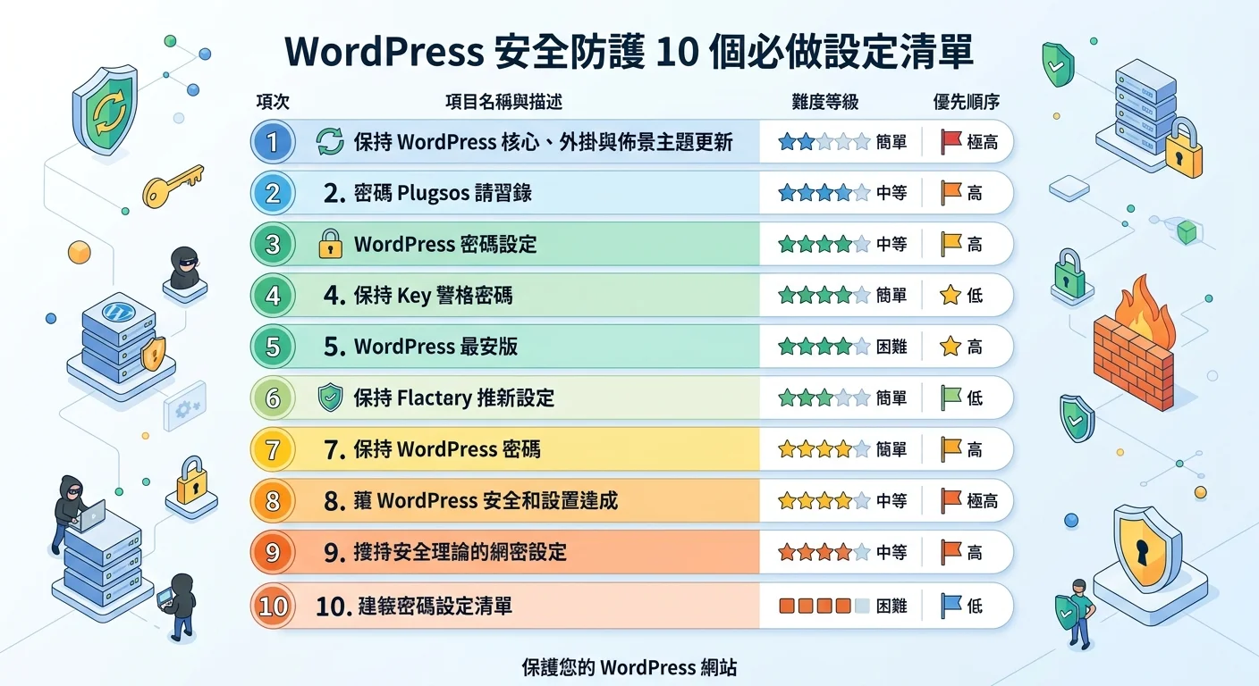 WordPress 安全防護 10 個必做設定清單圖，以清單格式列出所有項目，每項標示難度等級和優先順序