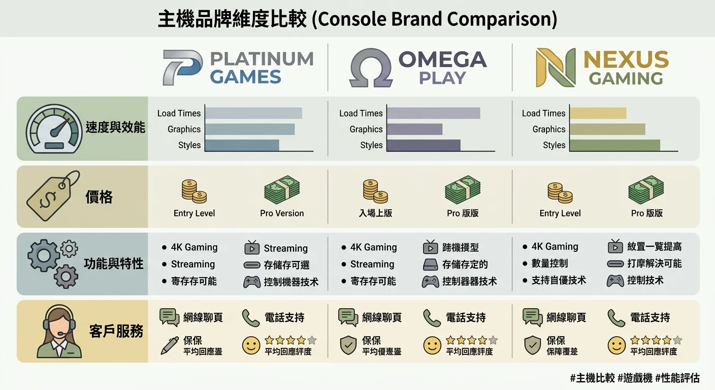 三家主機品牌 Logo 並排，下方為四大比較維度圖示（速度儀表板、價格標籤、功能齒輪、客服耳機），配色中性不偏袒任何一家