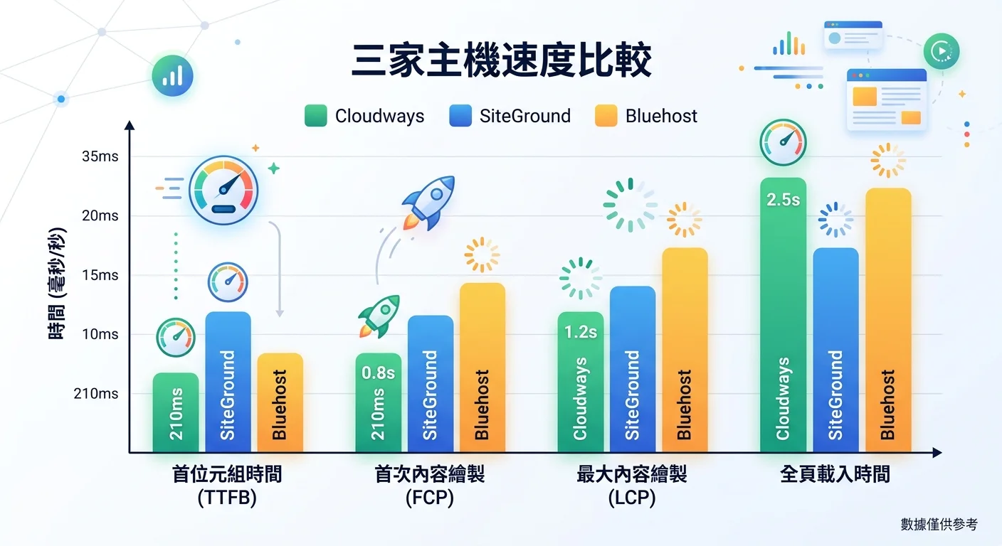 三家主機速度比較柱狀圖，X軸為四個速度指標（TTFB/FCP/LCP/全頁載入），每個指標三根柱子分別代表三家主機，Cloudways 用綠色表示最快