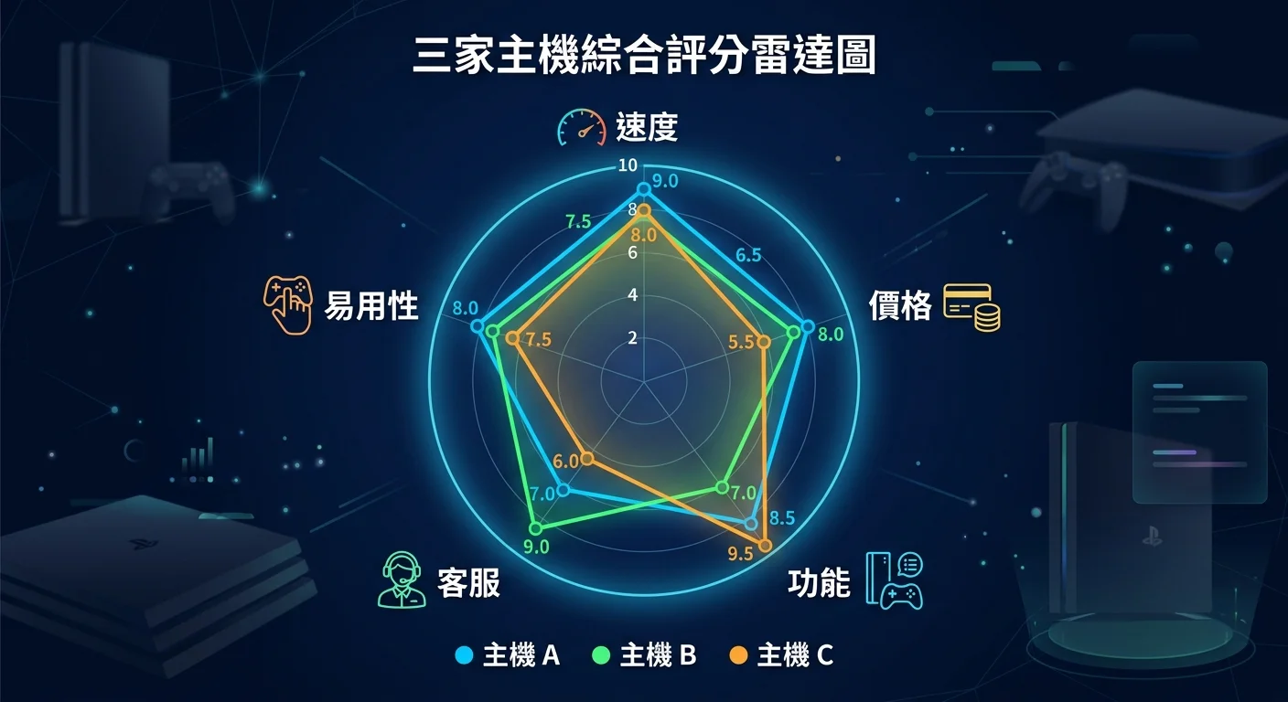 三家主機綜合評分雷達圖，五個維度（速度、價格、功能、客服、易用性），三條不同顏色的線對比