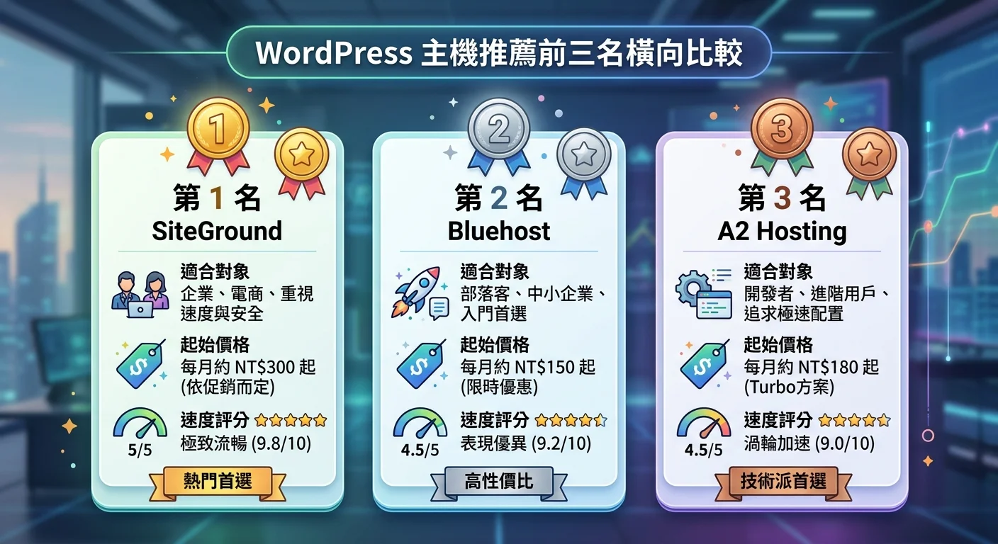 WordPress 主機推薦前三名橫向比較卡片圖，每張卡片包含主機名稱、適合對象、起始價格、速度評分，用獎牌圖示區分名次