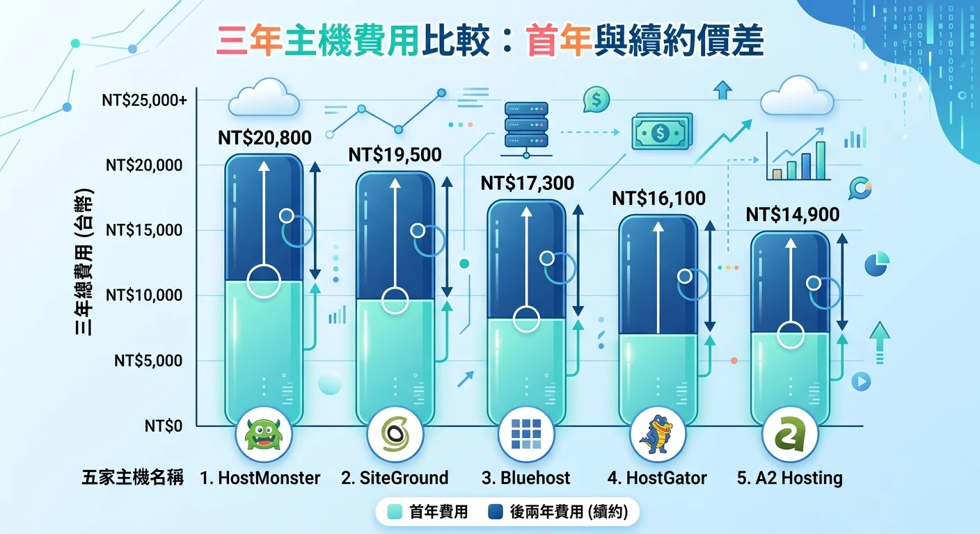 三年主機費用長條圖比較，X軸為五家主機名稱，Y軸為三年總費用（台幣），每個長條分為首年費用與後兩年費用兩種顏色，強調續約價差