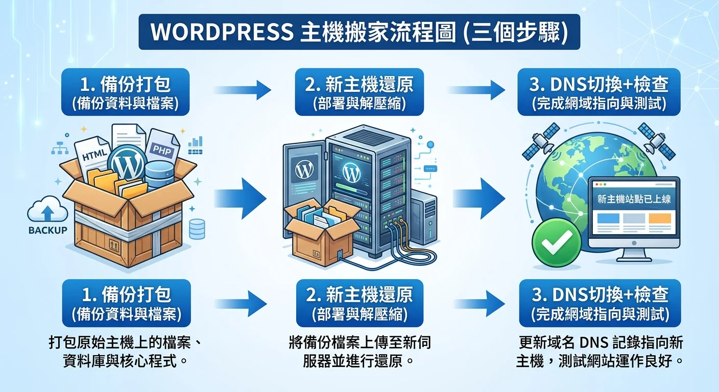 WordPress 主機搬家流程圖，三個步驟：1.備份打包（箱子圖示）→ 2.新主機還原（伺服器圖示）→ 3.DNS切換+檢查（確認勾選圖示），步驟間用箭頭連接