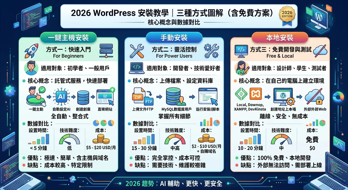 WordPress 安裝教學｜2026 三種方式圖解（含免費方案）相關的視覺化資訊圖，展示核心概念與數據對比