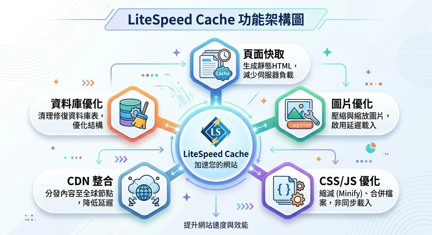 LiteSpeed Cache 功能架構圖，中央為 LiteSpeed Cache 圖示，周圍展示其五大功能（頁面快取、圖片優化、CSS/JS 優化、CDN 整合、資料庫優化）