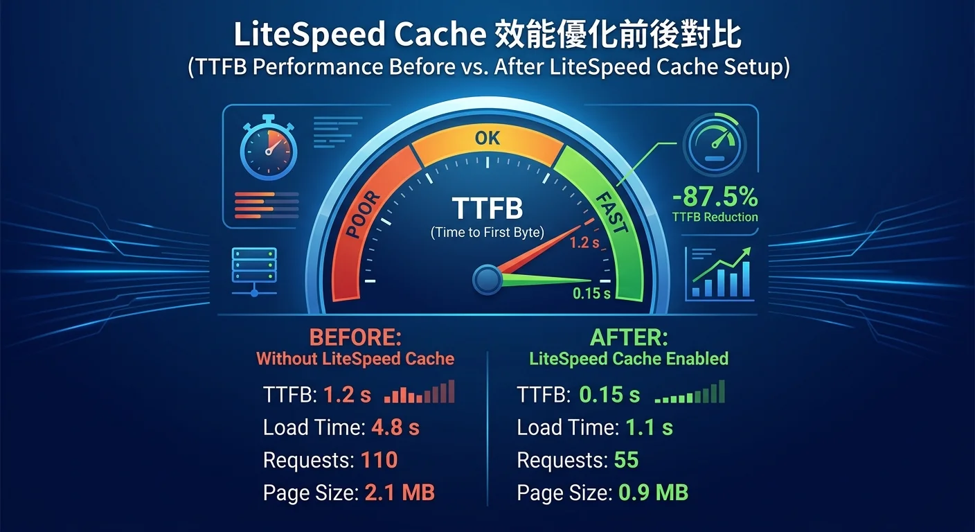 LiteSpeed Cache 設定後的效能對比圖，展示 TTFB 從 1.2 秒降到 0.15 秒的對比，以速度儀表板形式呈現