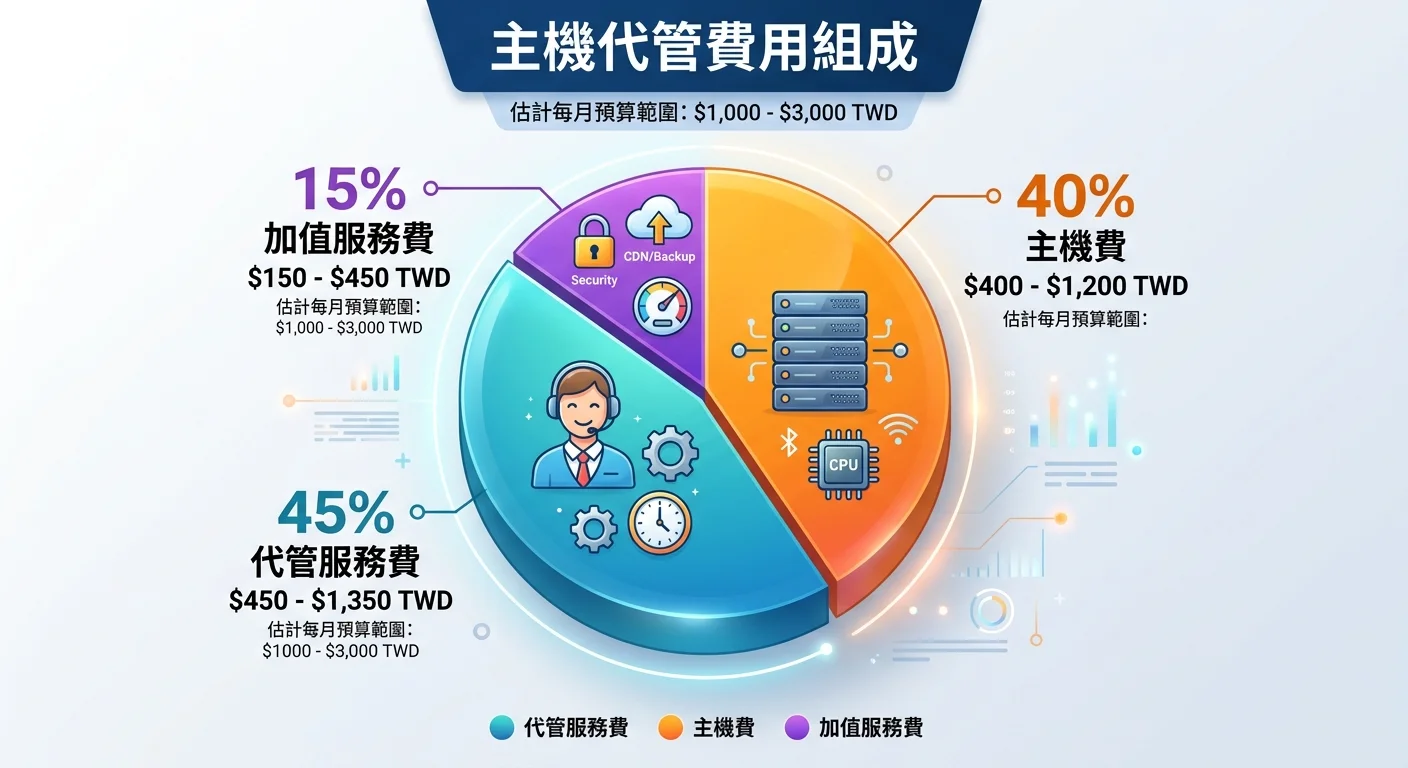 主機代管費用組成圓餅圖，三大區塊分別是主機費（40%）、代管服務費（45%）、加值服務費（15%），每個區塊標示金額範圍