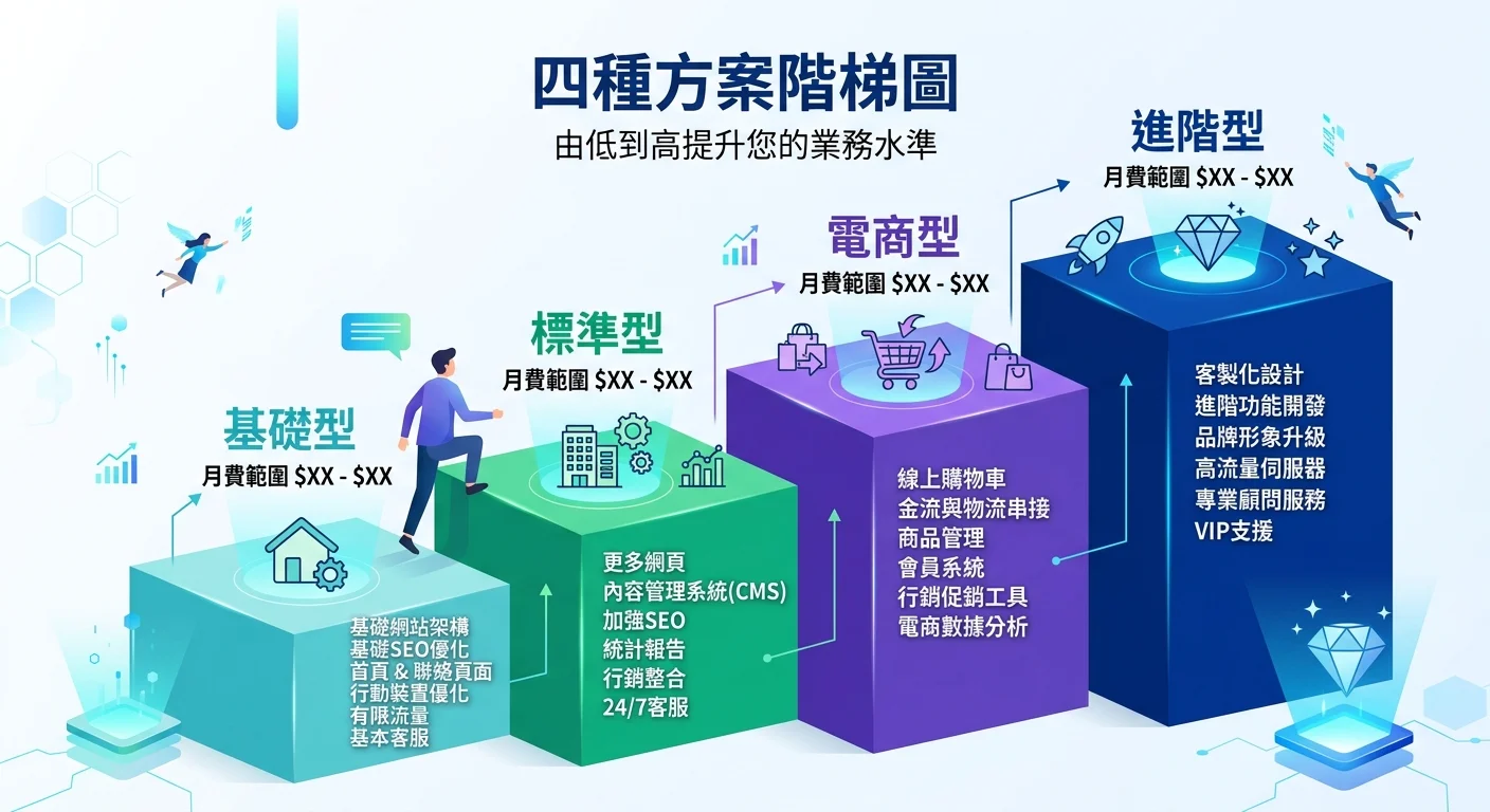 四種方案階梯圖，由低到高分別是基礎型、標準型、電商型、進階型，每層標示月費範圍和包含服務，顏色由淺到深