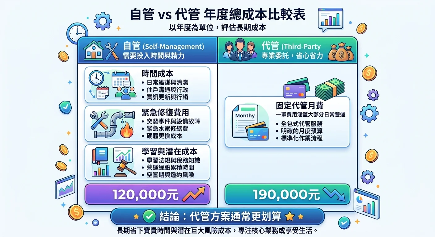 自管 vs 代管年度總成本比較表，左欄自管（時間成本+緊急修復+學習成本），右欄代管（固定月費），底部顯示代管更划算的結論