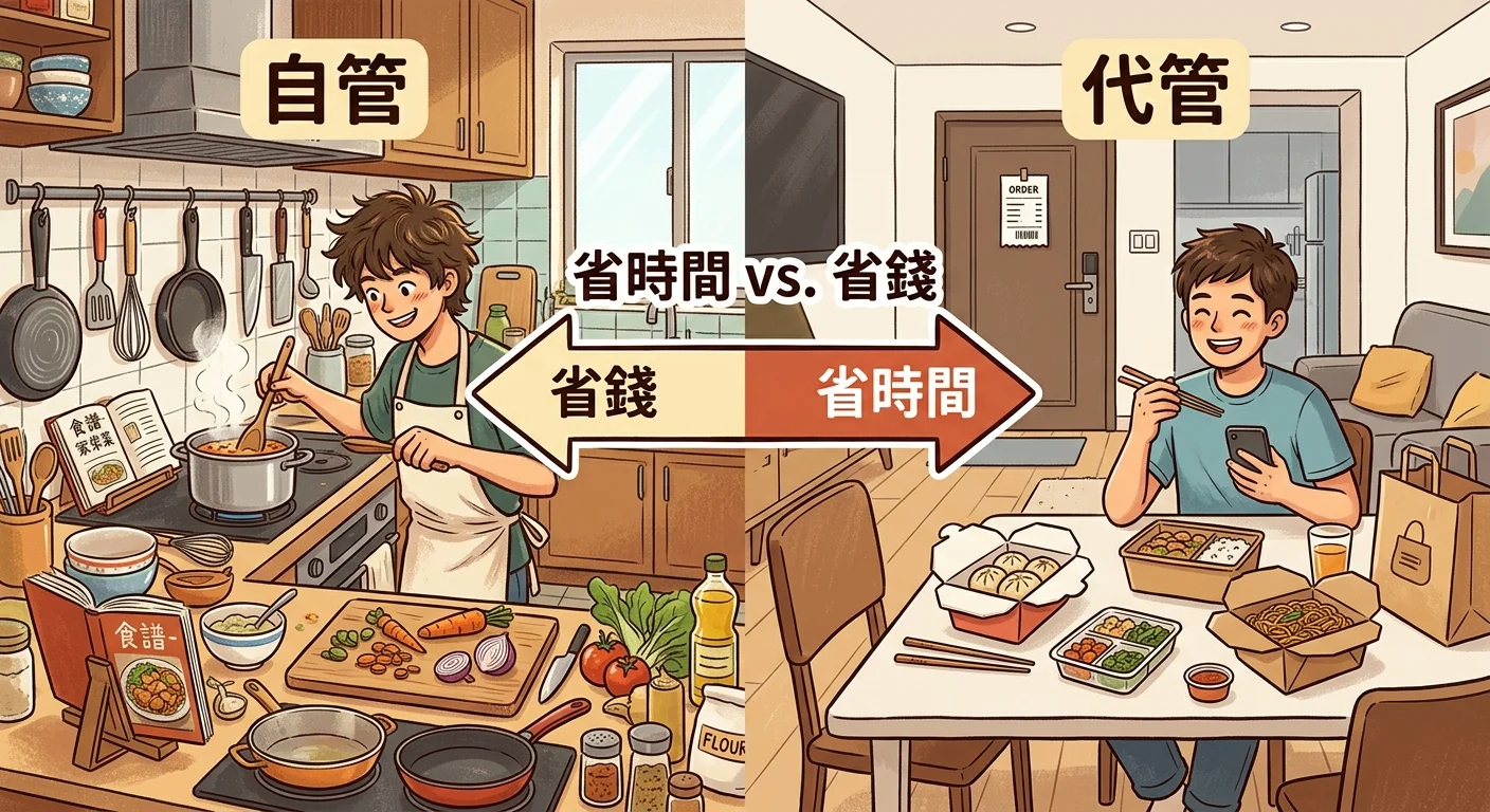自管 vs 代管比喻圖，左側是自己煮飯的場景（鍋碗瓢盆、食譜），右側是外送到門口的場景（盒裝、享用），中間箭頭標示「省時間 vs 省錢」