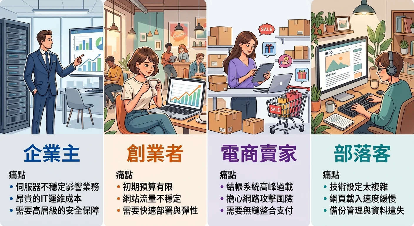 四種適合主機代管的使用者角色圖，分別是企業主（西裝）、創業者（筆電）、電商（購物車）、部落客（鍵盤），每個角色下方標示痛點
