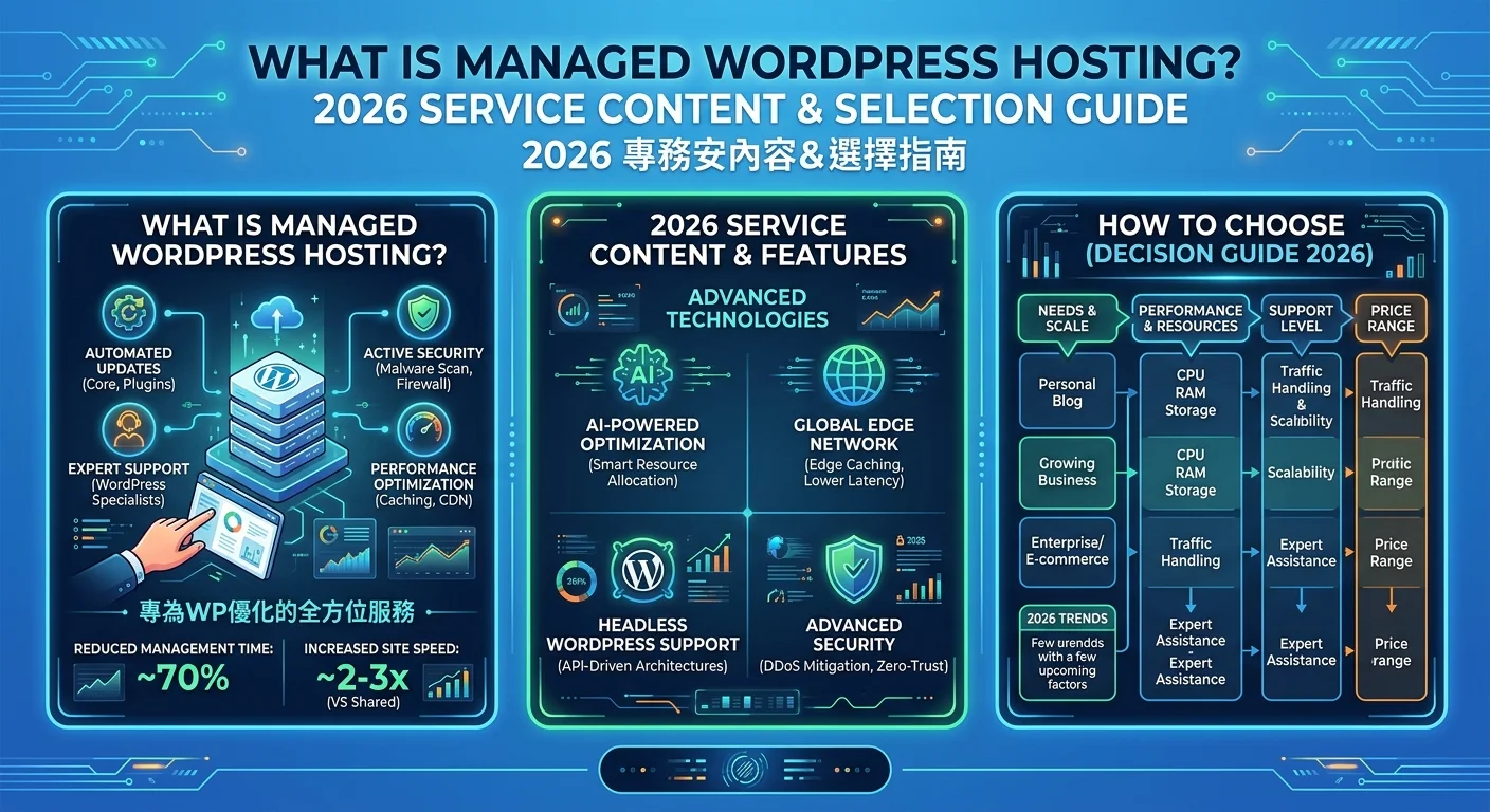 WordPress 主機代管是什麼？2026 年服務內容與如何選擇相關的視覺化資訊圖，展示核心概念與數據對比