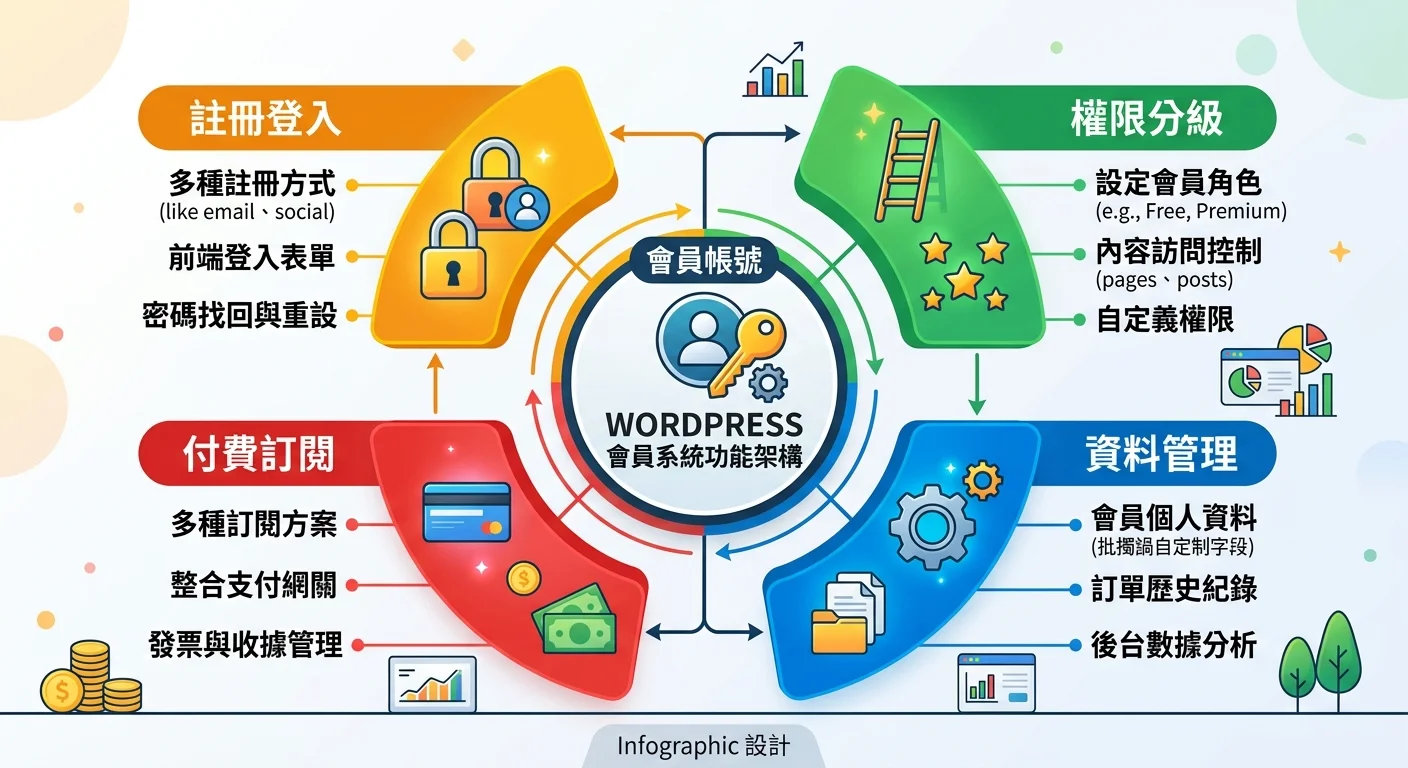 WordPress會員系統功能架構圖，中央為會員帳號圖示，四周環繞四大功能模組：註冊登入、權限分級、付費訂閱、資料管理，每模組有2-3個功能子項